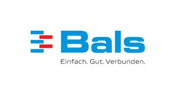 Hersteller Bals Bals Logo mit blauem Schriftzug, rotem und blauem Symbol, Slogan „Einfach. Gut. Verbunden.“ darunter.