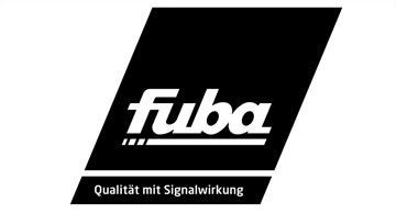 Markenlogo Fuba Schwarzes Fuba-Logo mit Schriftzug „Qualität mit Signalwirkung“ darunter, schräg angeordnet.